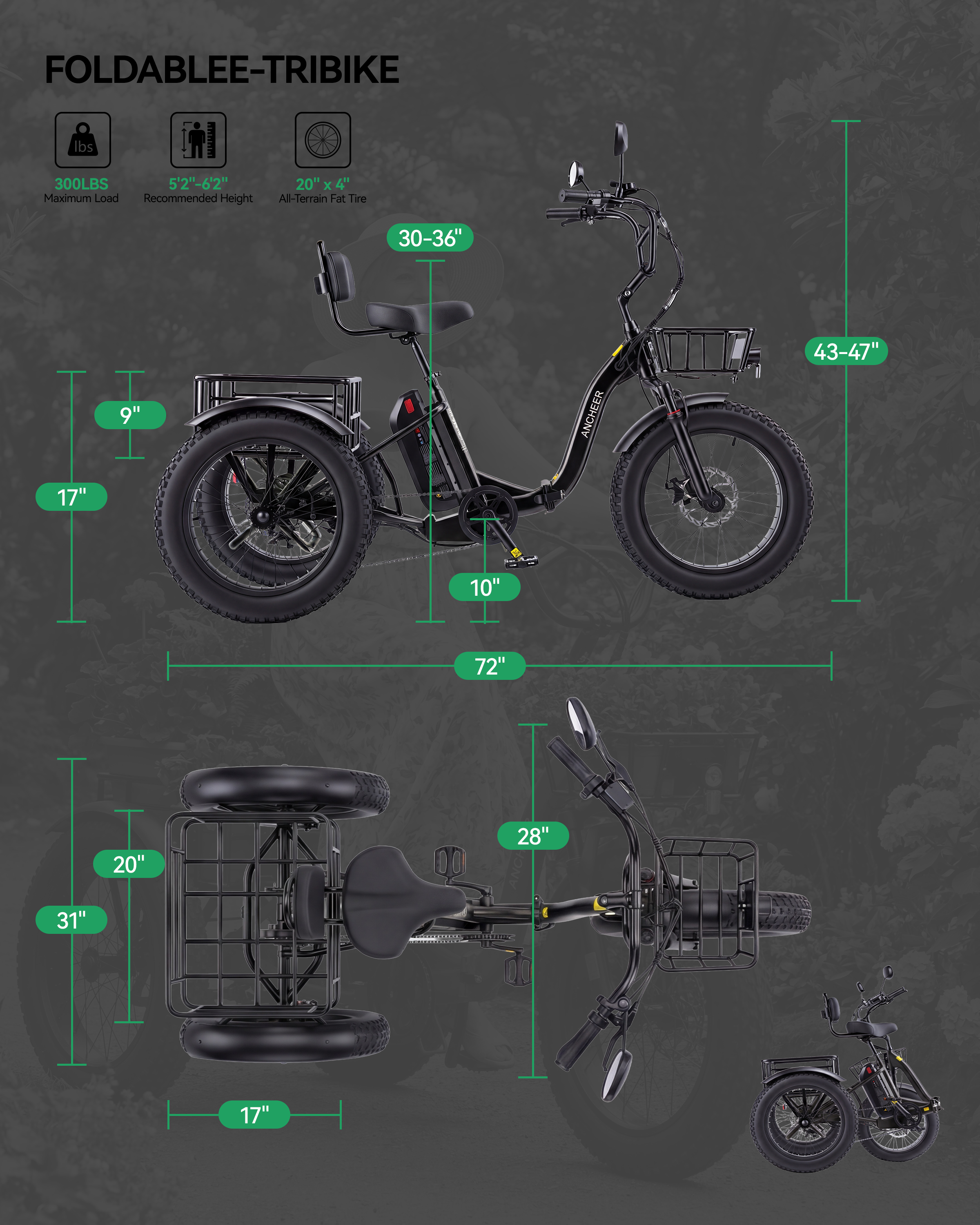 ANCHEER Fat Tire Folding Electric Trike for Adults