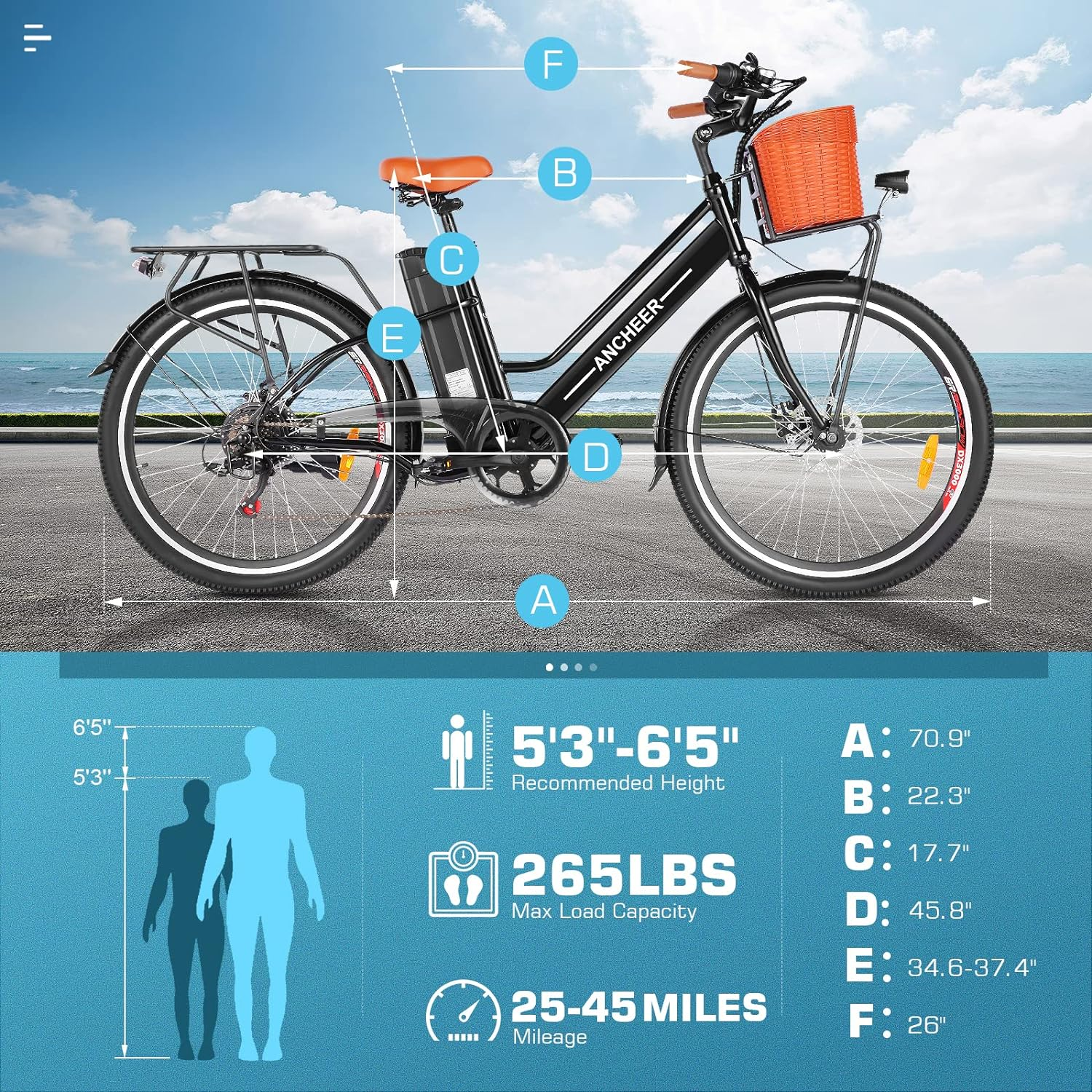 ANCHEER Fawn Electric Bicycle, 26” Electric City Bike, Low Frame Electric Bike with 48V/7.8 Ah Lithium Battery and 500W Powerful Motor, Step Through Commuter Ebike with Basket for Woman Man-AN5928