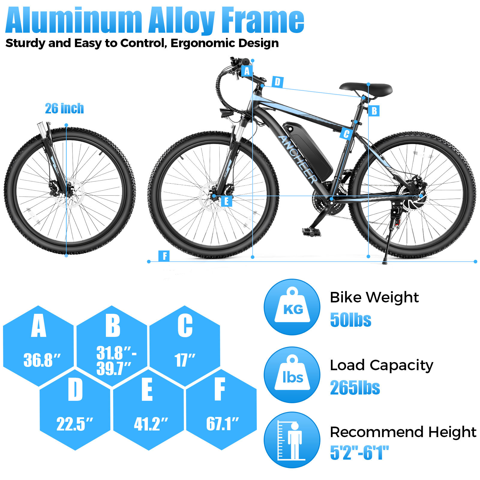 ANCHEER Sunshine 500W Electric Mountain Bike 26'' Commuter Ebike, 20MPH Adults Electric Bicycle with Removable 48V/374Wh Battery-AN5873