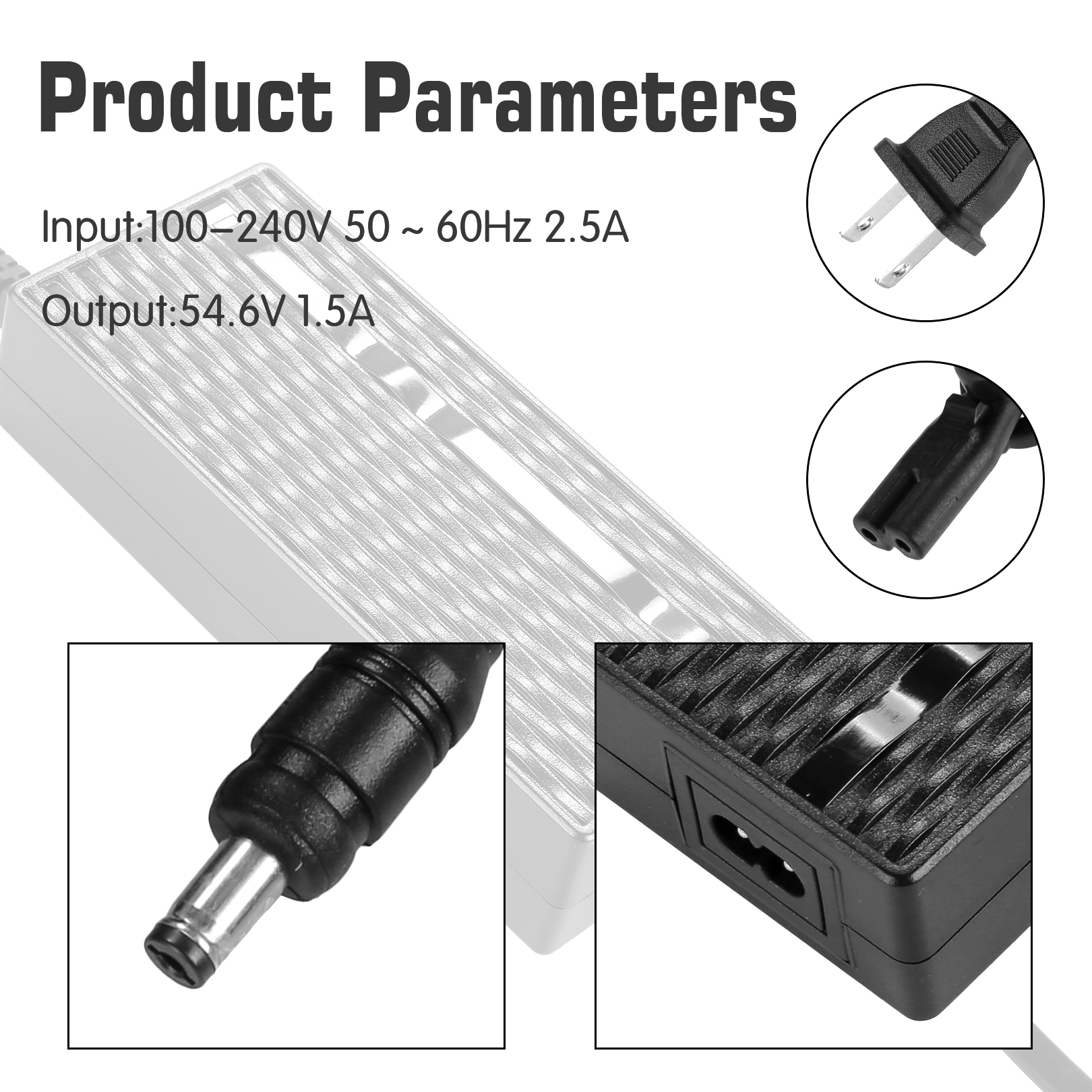 ANCHEER AN5931 charger 54.6V1.5A, AC line, AC100~240V, black to 1.5A