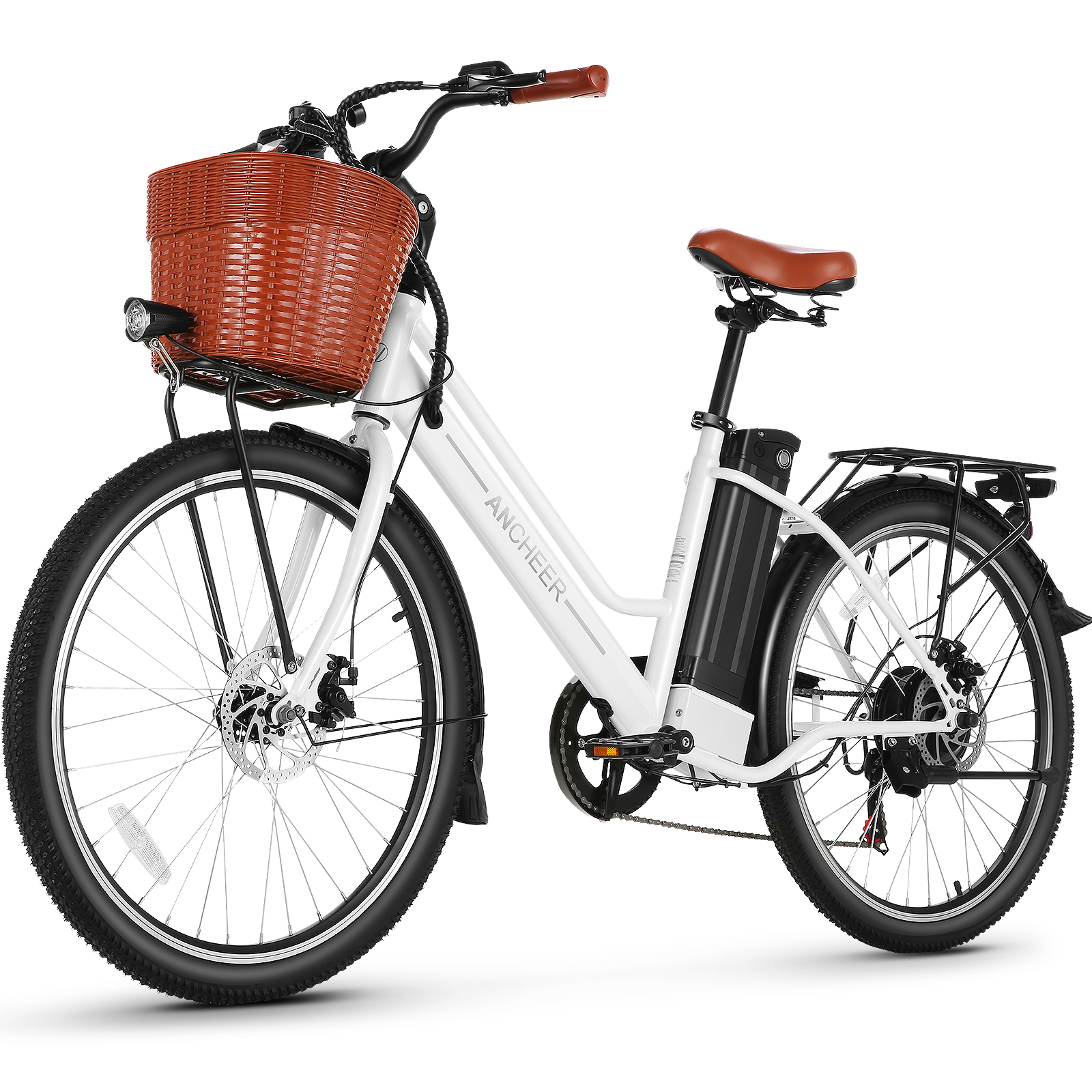 ANCHEER Fawn Electric Bicycle, 26” Electric City Bike, Low Frame Electric Bike with 48V/7.8 Ah Lithium Battery and 500W Powerful Motor, Step Through Commuter Ebike with Basket for Woman Man-AN5928