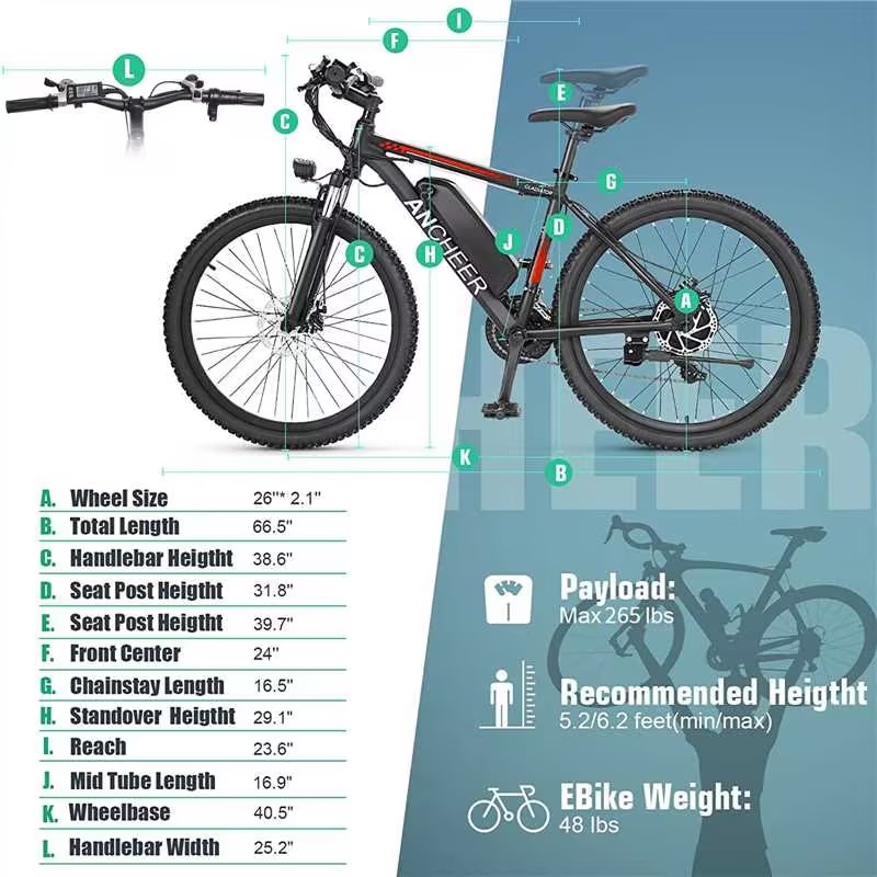 ANCHEER Gladiator 500W Electric Bike 26'' Electric Mountain Bike, 48V 10.4AH Removable Battery, Up to 50 Miles, 3.5H Fast Charge-AN5870