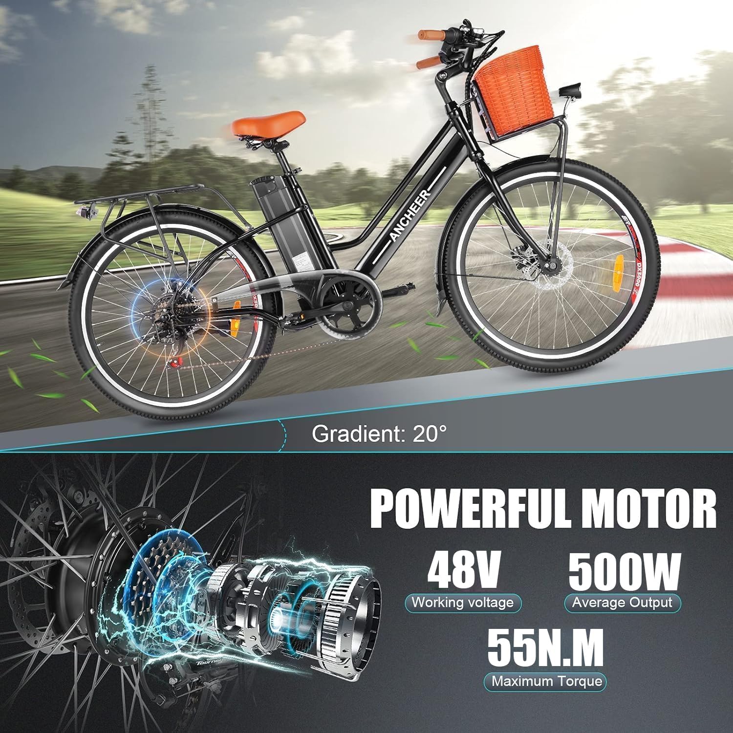 ANCHEER Fawn Electric Bicycle, 26” Electric City Bike, Low Frame Electric Bike with 48V/7.8 Ah Lithium Battery and 500W Powerful Motor, Step Through Commuter Ebike with Basket for Woman Man-AN5928